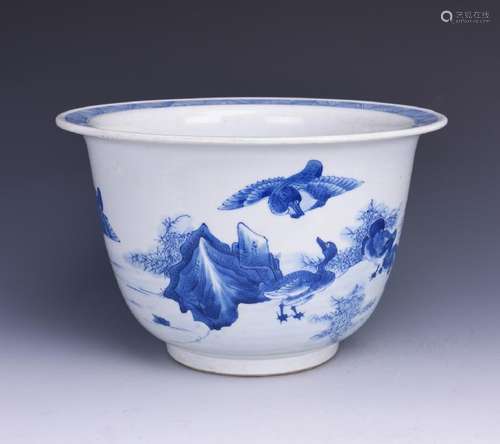 A BLUE AND WHITE 'CRANE' PORCELAIN JARDINIERE