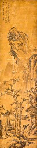 A FRAMED SILK PAINTING OF LANDSCAPE MOTIF, AFTER SHEN