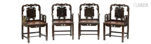 FOUR CHINESE CLASSICAL HONGMU ARMCHAIRS SET (Y)