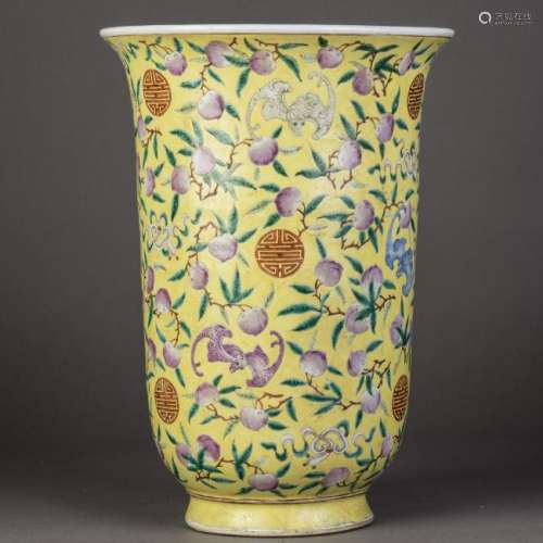 A FAMILLE ROSE YELLOW-GROUND BALUSTER VASE