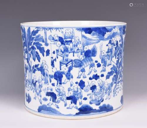 A BLUE AND WHITE 'KIDS' PORCELAIN BRUSH POT