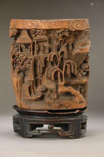 brush pot, around 1890, China, bamboo, deep carved