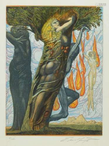 Ernst Fuchs, 1930-2015, color etching, signed and