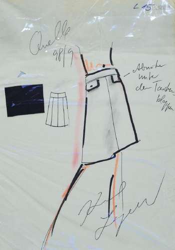 Karl Lagerfeld, 1933-2019, fashion drawing skirtwith