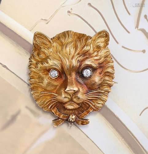 18 kt gold brooch 'cat' with diamonds, approx.1900s