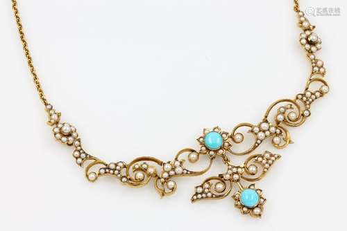 15 kt gold necklace with demi pearl and turquoises