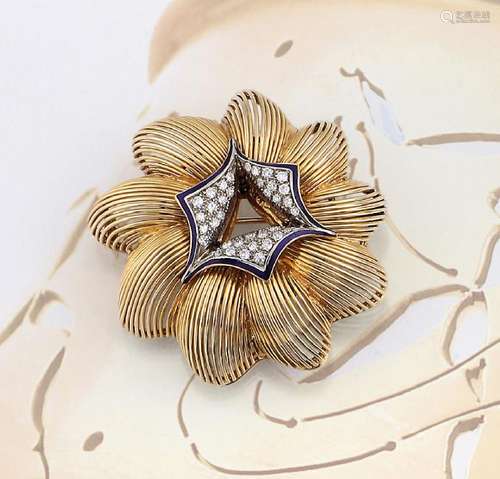 18 kt gold brooch with enamel and diamonds