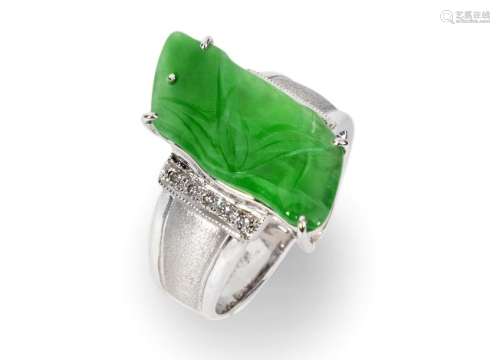 Leaf shaped jade solitaire ring \nPlatinum and mois…