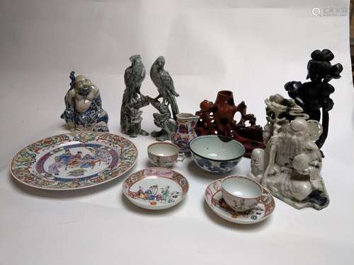 Set of five stone figurines and eight porcelain it…