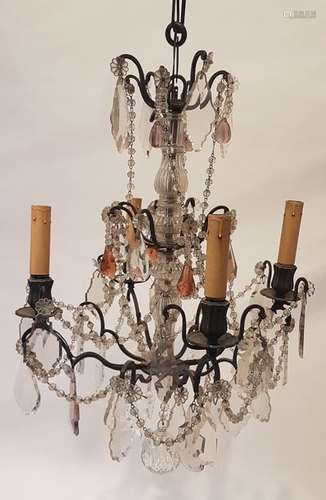 Chandelier \nMetal with black patina, glass shaft a…