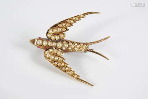 15 CT. GOLD ANTIQUE SEED PEARL SWALLOW BROOCH