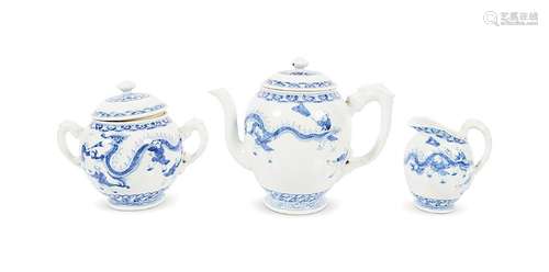 THREE PIECE CHINESE BLUE AND WHITE TEA SERVICE