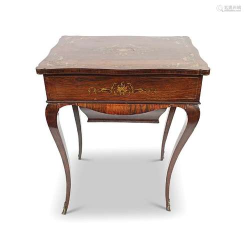 19TH CENTURY ROSEWOOD & BRASS INLAID WORK TABLE