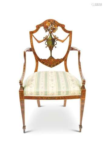 19TH-CENTURY SATINWOOD AND PAINTED ELBOW CHAIR