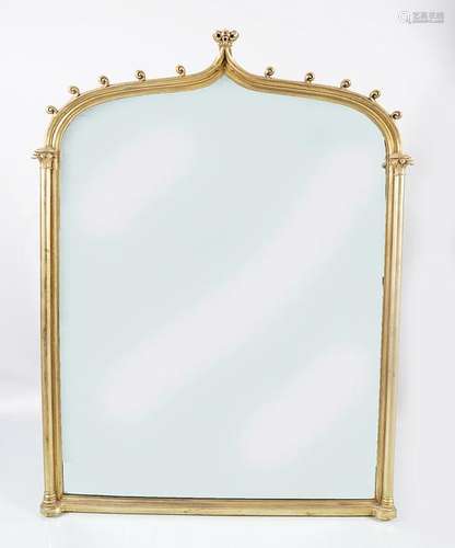 LARGE GOTHIC GILT WOOD OVER MANTLE MIRROR