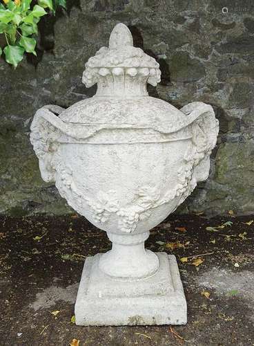 PAIR OF MOULDED STONE NEOCLASSICAL URNS