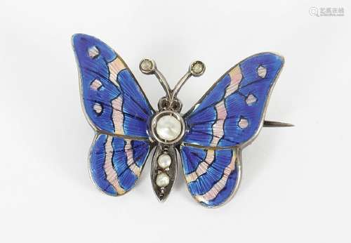 SILVER & PEARL GUILLOCHE ENAMEL BUTTERFLY BROOCH