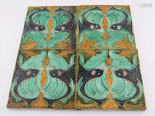 FOUR ART NOUVEAU TUBE LINED TILES