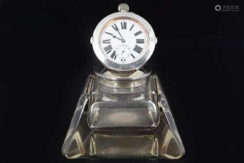 FOLDING TRAVELLING SILVER WATCH & GLASS INKWELL