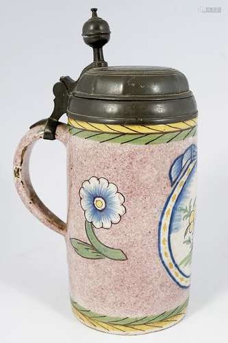 18TH CENTURY POLYCHROME & PEWTER TANKARD