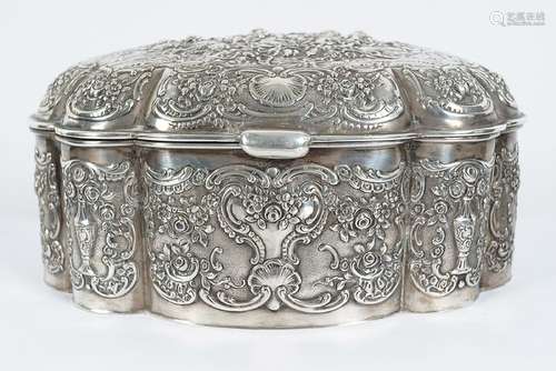 LARGE EMBOSSED SILVER OVAL JEWELLERY CASKET