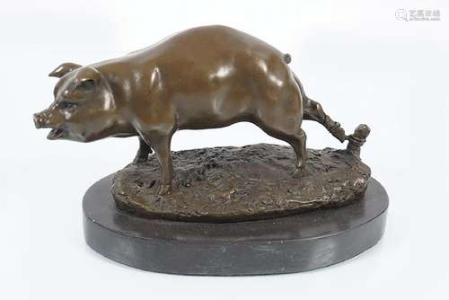 BRONZE FIGURE OF TETHERED PIG