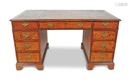 WALNUT AND HERRING BONE INLAID PEDESTAL DESK