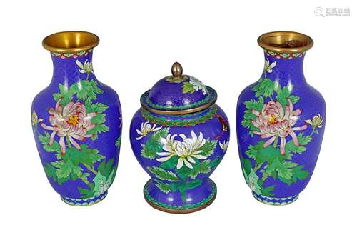 CHINESE GARNITURE OF 3 CLOISONNÉ ENAMELLED VASES