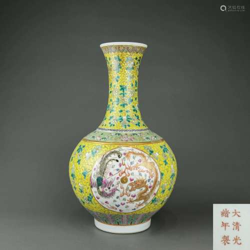 A Chinese Yellow Glazed Famille-Rose Porcelain Vase