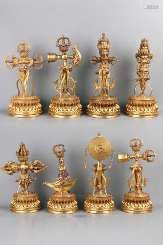 A Set of Eight Chinese Gilt Bronze Buddhas