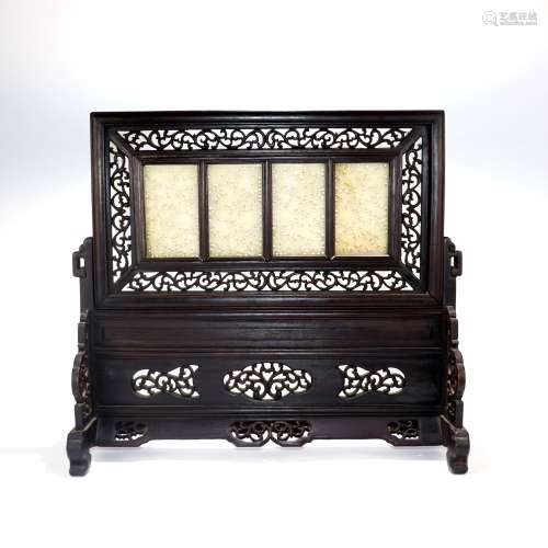 A Chinese Carved Zitan Table Screen with Jade Panel Inlaided