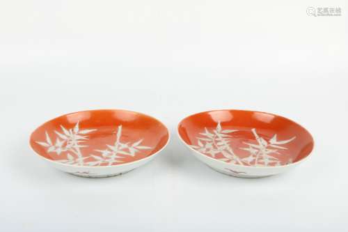 A Pair of Chinese Coral-Red Glazed Porcelain Plates