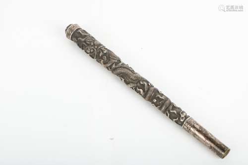 A Chinese Carved Silver Brush Handle