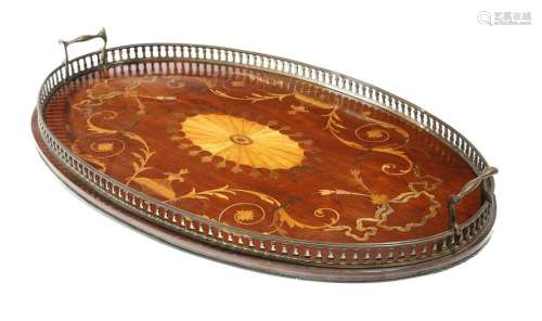 A late Victorian mahogany and marquetry oval tray …