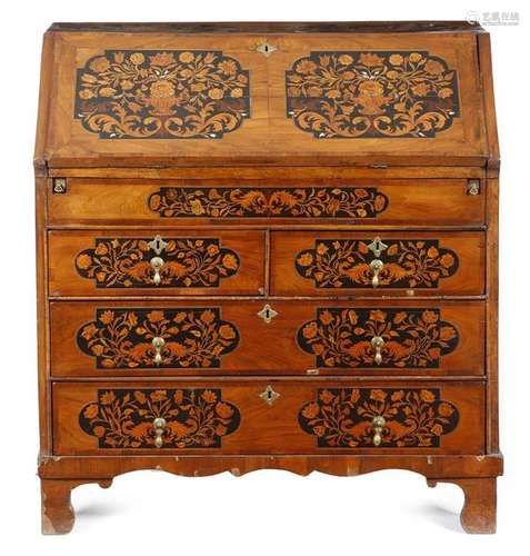 An Anglo Dutch walnut and marquetry bureau, inlaid…