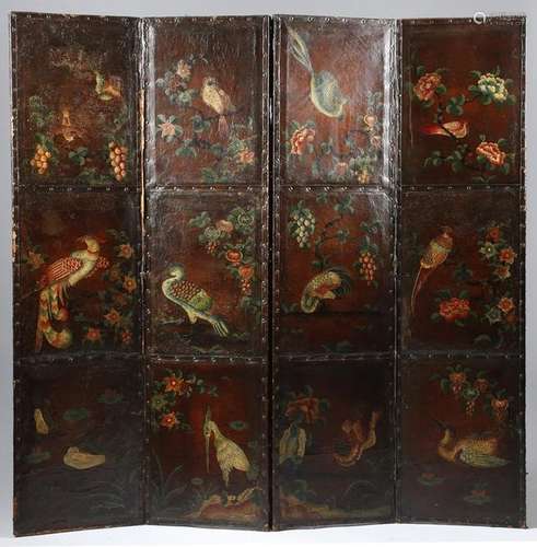 A continental leather four fold screen, painted wi…