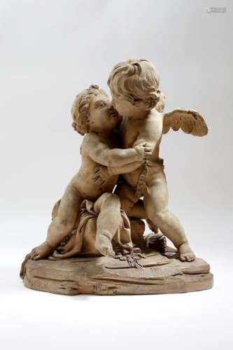 A French terracotta group of Cupid and a putto in …