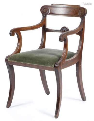 A Regency mahogany open armchair, the curved table…