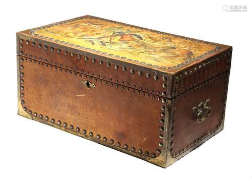 An oriental studded leather and brass bound trunk,…