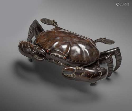 A Ceylonese carved ebony model of a crab, the body…