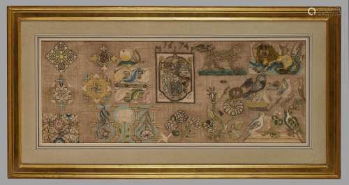 A rare Charles II spot sampler, worked with colour…