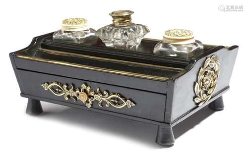 A Victorian ebonised and brass mounted inkstand, o…