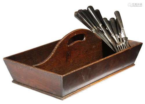 An early 19th century oak cutlery tray, with two d…