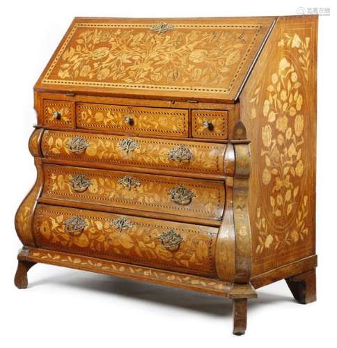 A Dutch floral marquetry bombe bureau, inlaid with…