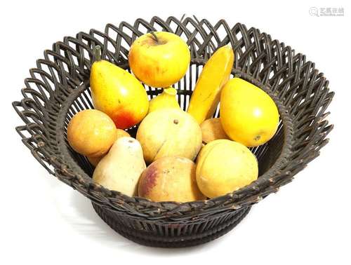 An ebonised wicker fruit bowl, containing thirteen…