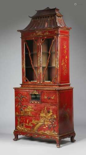 A red japanned display cabinet in George III style…