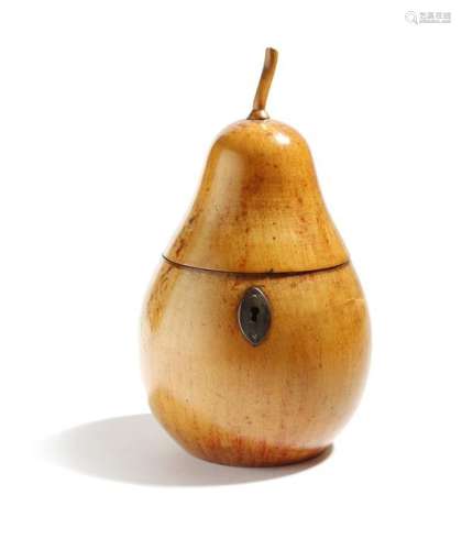 A treen fruitwood tea caddy in the form of a pear,…