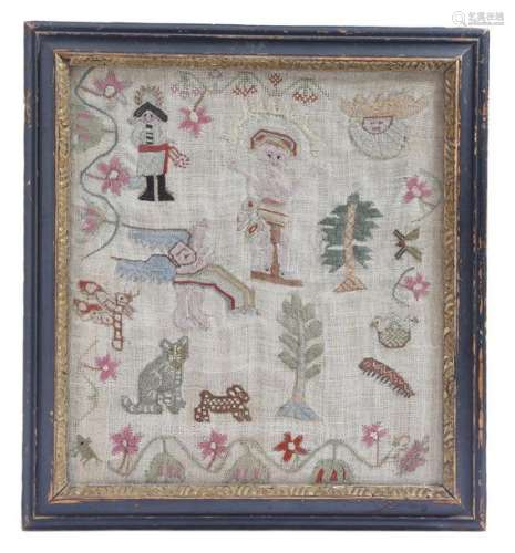 An 18th century naive needlework sampler, worked i…