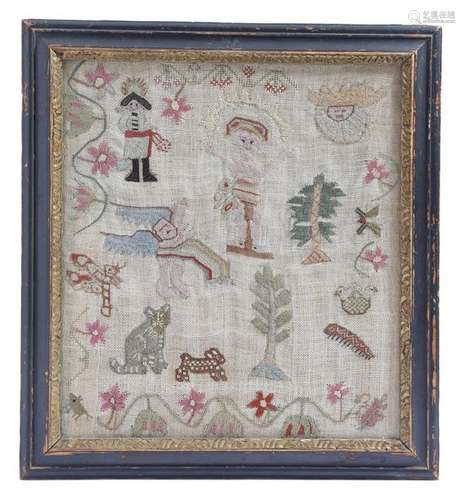 An 18th century naive needlework sampler, worked i…