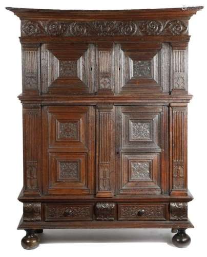 A late 17th century Flemish oak cupboard, the moul…